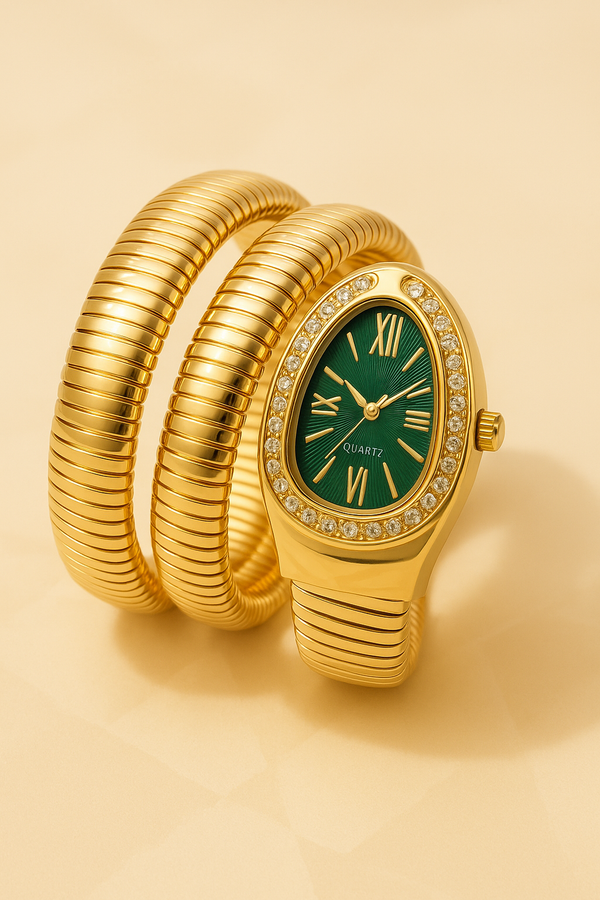 Ziwels Serpent-Style Gold Coil Watch – 18K Gold Plated Stainless Steel | Green Dial with Diamond Border | Waterproof & Anti-Tarnish