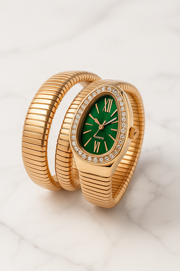 Ziwels Rose Gold Serpent Coil Watch for Women – Green Dial, Crystal Bezel, 18K Rose Gold Plated, Anti-Tarnish & Waterproof