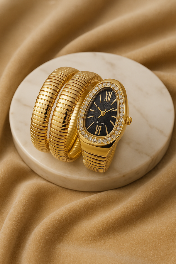Ziwels Gold Serpent Coil Watch for Women – Black Dial, Crystal Bezel, 18K Gold Plated, Anti-Tarnish & Waterproof