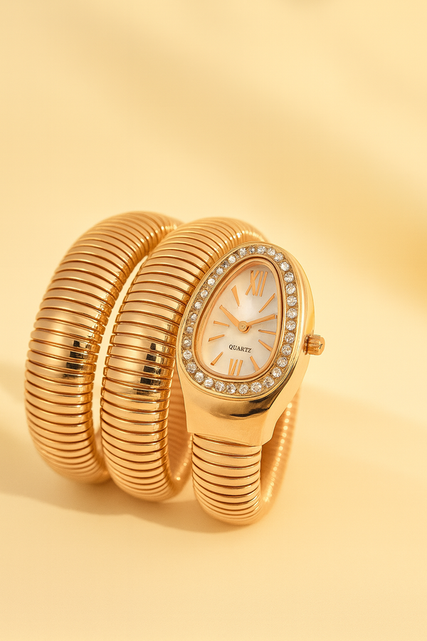 Ziwels Rose Gold Serpent Coil Watch for Women – Mother-of-Pearl Dial, Crystal Bezel, 18K Rose Gold Plated, Anti-Tarnish & Waterproof