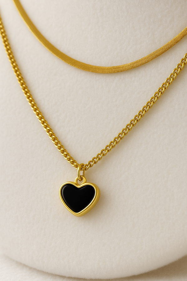 Ziwels Women’s 18K Gold-Plated Black Heart Pendant Necklace – Dual Layer, Waterproof, Anti-Tarnish Jewellery