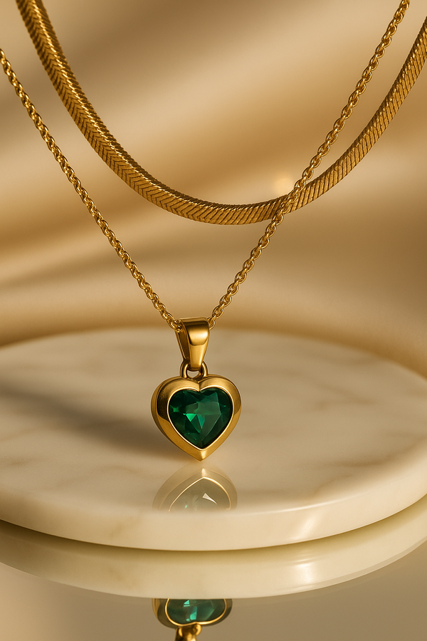 Ziwels Women’s 18K Gold-Plated Emerald Heart Pendant Necklace – Waterproof, Anti-Tarnish, Premium Jewellery