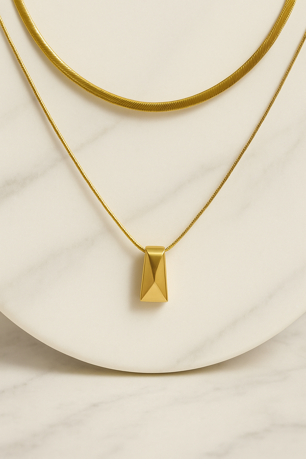 Ziwels Women’s 18K Gold-Plated Pyramid Pendant Necklace – Dual Layer, Waterproof, Anti-Tarnish Jewellery