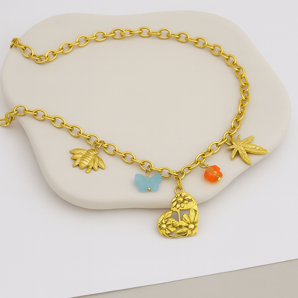 Ziwels Women’s Heart Charm Necklace – 18K Gold Plated Chain with Butterfly, Bee & Floral Motifs | Anti-Tarnish, Waterproof, Stainless Steel
