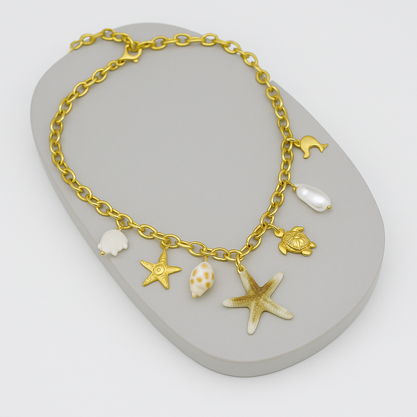 Ziwels Women’s Ocean Starfish Charm Necklace – 18K Gold Plated Chain with Shell, Pearl & Sea Turtle Pendants | Anti-Tarnish, Waterproof, Stainless Steel