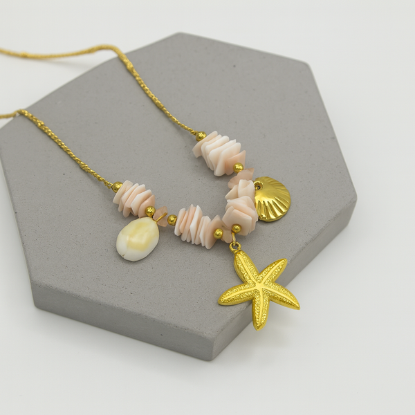 Ziwels Women’s Seashell & Starfish Pendant Necklace – 18K Gold Plated, Ocean-Inspired Beaded Design | Anti-Tarnish, Waterproof, Stainless Steel