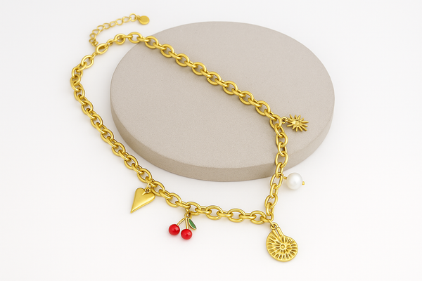 Ziwels Women’s Charm Necklace – 18K Gold Plated Stainless Steel with Pearl & Cherry Pendants | Anti-Tarnish & Waterproof