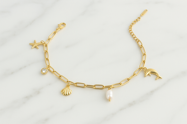 Ziwels Women’s Ocean Charm Bracelet – 18K Gold Plated Stainless Steel Chain with Dolphin, Seashell, Starfish & Pearl | Anti-Tarnish, Waterproof