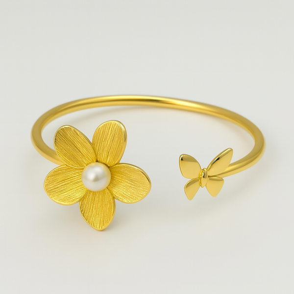 Ziwels Women’s Floral Pearl Cuff Bracelet – 18K Gold Plated Stainless Steel with Butterfly Design | Anti-Tarnish, Waterproof