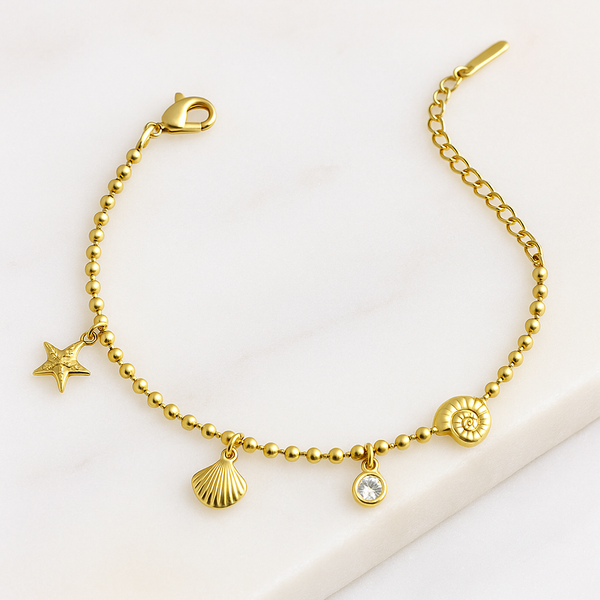 Ziwels Women’s Ocean Charm Bracelet – 18K Gold Plated Stainless Steel Beaded Chain with Starfish, Seashell & Spiral Pendants | Anti-Tarnish, Waterproof