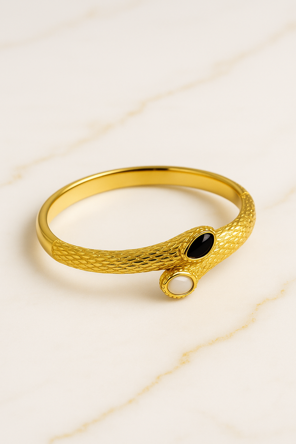 Ziwels Women’s Snake-Inspired Bracelet – 18K Gold Plated Stainless Steel with Black & White Stone Accents | Anti-Tarnish, Waterproof