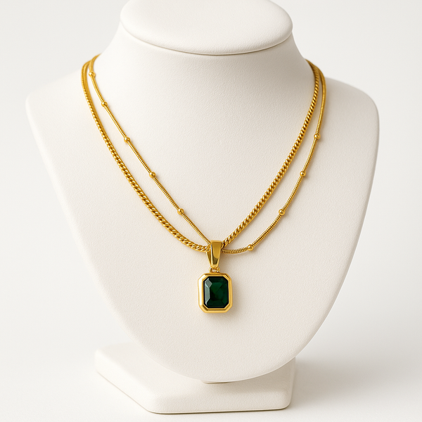 Ziwels Emerald Green Pendant Layered Necklace – 18K Gold Plated Stainless Steel | Anti-Tarnish & Waterproof