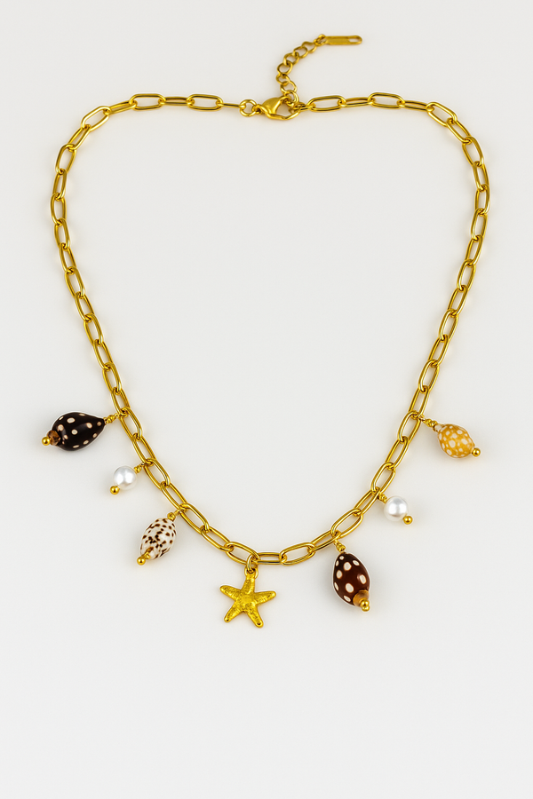 Ziwels Seashell & Starfish Charm Necklace – 18K Gold Plated Stainless Steel | Anti-Tarnish, Waterproof & Hypoallergenic
