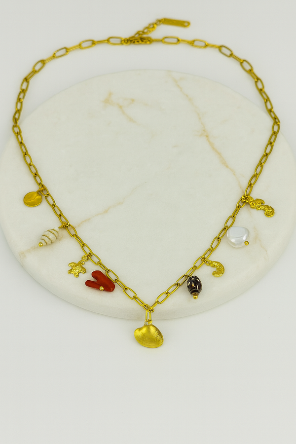 Ziwels Seashell & Coral Charm Necklace – 18K Gold Plated Stainless Steel | Anti-Tarnish, Waterproof & Hypoallergenic
