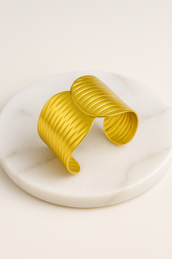 Ziwels Wave-Textured Cuff Bracelet – 18K Gold Plated Stainless Steel | Wide Overlap Design | Anti-Tarnish, Waterproof