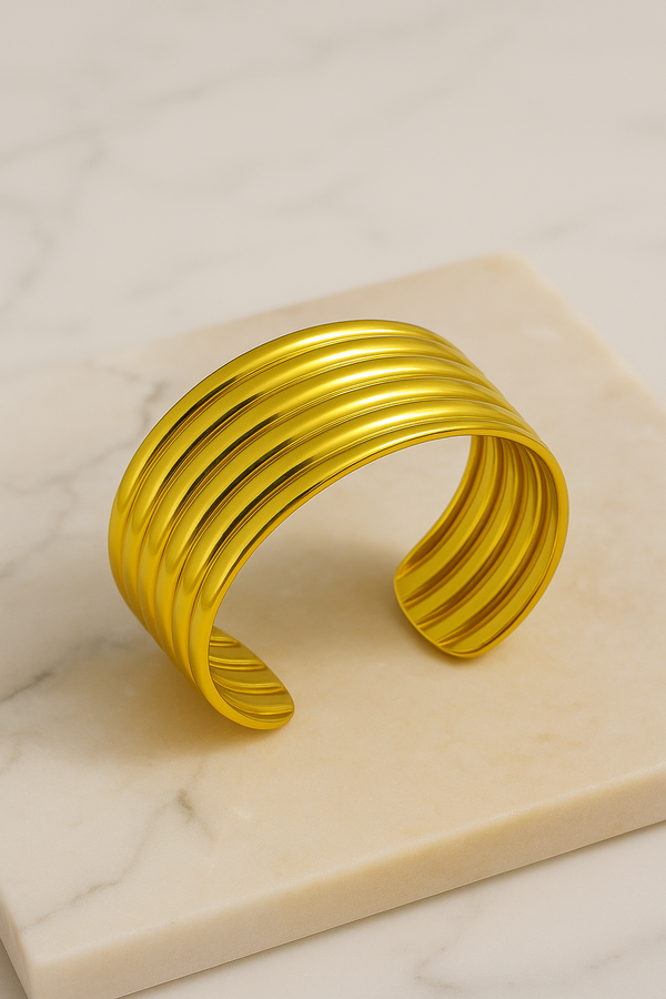 Ziwels Ribbed Cuff Bracelet – 18K Gold Plated Stainless Steel | Bold Multi-Ridge Design | Anti-Tarnish, Waterproof
