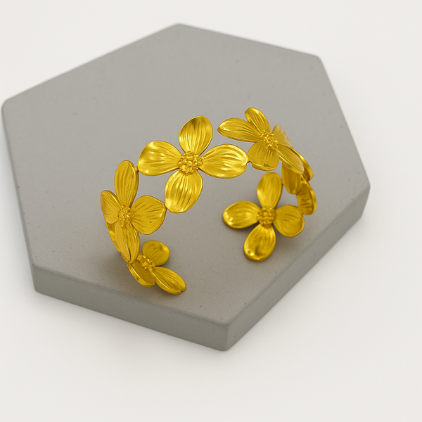 Ziwels Floral Cuff Bracelet – 18K Gold Plated Stainless Steel | Open Flower Design | Anti-Tarnish, Waterproof