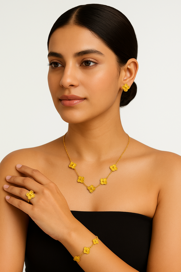 Ziwels Women’s Golden Clover Jewellery Set – 18K Gold Plated Necklace, Bracelet, Earrings & Ring | Anti-Tarnish, Waterproof, Skin-Friendly