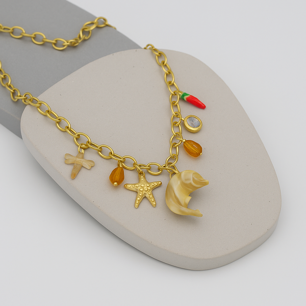 Ziwels Women’s Multi-Charm Necklace – 18K Gold Plated Chain with Starfish, Shell & Beaded Accents | Anti-Tarnish, Waterproof, Stainless Steel