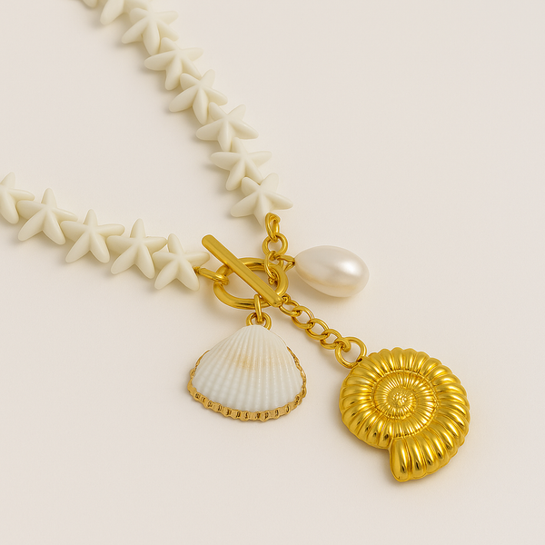 Ziwels Women’s Star Bead Seashell & Pearl Charm Necklace – Stainless Steel, 18K Gold Plated, Anti-Tarnish, Waterproof