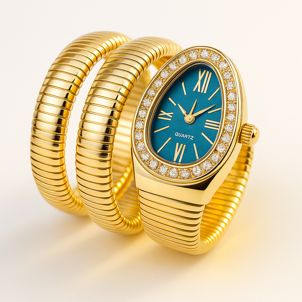 Ziwels Luxury  Coil Watch for Women – Teal Dial | Diamond-Studded Bezel | Premium Wrap-Around Serpent Design
