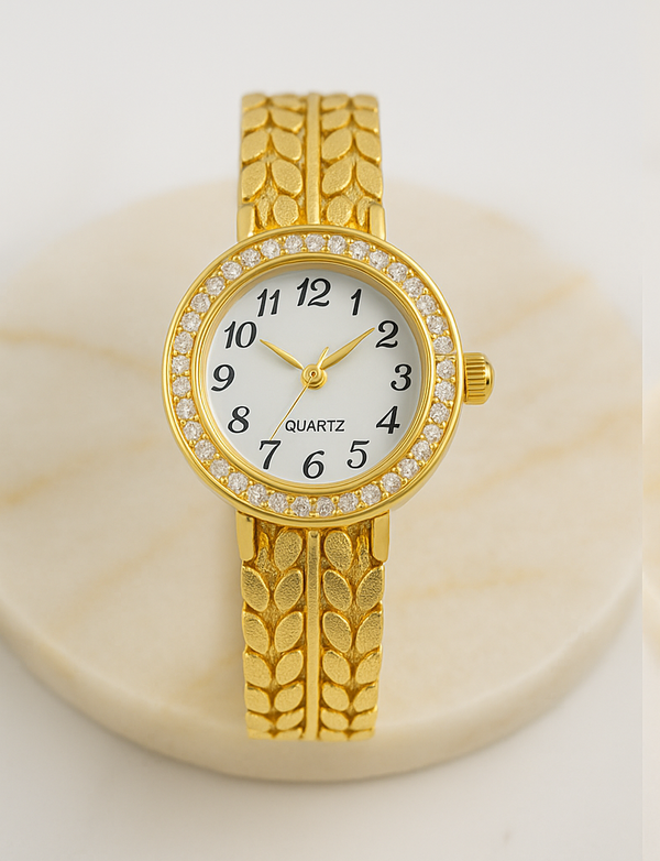 Ziwels Women’s Leaf Pattern Bracelet Watch – 18K Gold Plated Stainless Steel with Crystal Dial | Waterproof, Anti-Tarnish