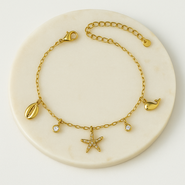 Ziwels Women’s Ocean Charm Bracelet – 18K Gold Plated Stainless Steel with Whale, Starfish, Seashell & Crystal Accents | Anti-Tarnish, Waterproof