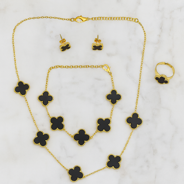 Ziwels Women’s Black Clover Jewellery Set – 18K Gold Plated Necklace, Bracelet, Earrings & Ring | Anti-Tarnish, Waterproof