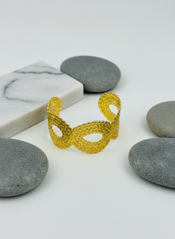 Ziwels Textured Woven Cuff Bracelet – 18K Gold Plated Stainless Steel | Anti-Tarnish & Waterproof