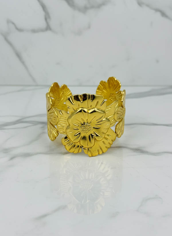 Ziwels Bold Floral Cuff Bracelet – 18K Gold Plated Stainless Steel | Anti-Tarnish, Waterproof & Adjustable