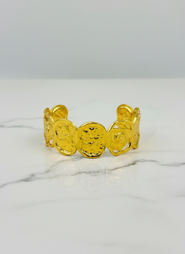 Ziwels Textured Disc Cuff Bracelet – 18K Gold Plated Stainless Steel | Anti-Tarnish, Waterproof & Adjustable
