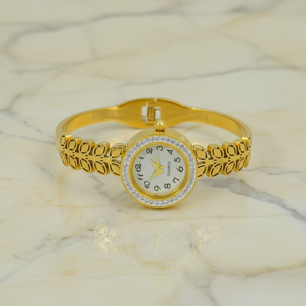Ziwels Women’s Leaf Motif Bracelet Watch – 18K Gold Plated Stainless Steel with Crystal Dial | Waterproof, Anti-Tarnish