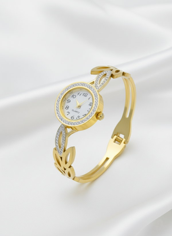 Ziwels Women’s Bracelet Watch – 18K Gold Plated Stainless Steel with Crystal Accents | Elegant Floral Cutout Design | Waterproof, Anti-Tarnish