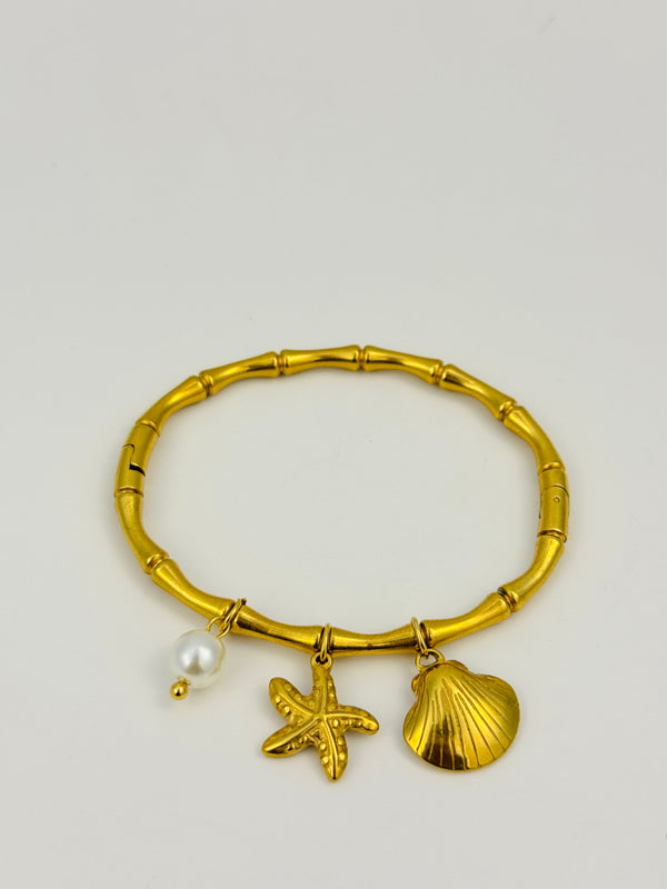 Ziwels Women’s Ocean Charm Bracelet – 18K Gold Plated Stainless Steel Bangle with Pearl, Starfish & Seashell | Anti-Tarnish, Waterproof