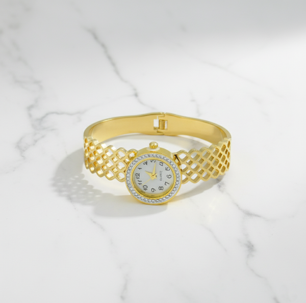 Ziwels Women’s Lattice Bracelet Watch – 18K Gold Plated Stainless Steel with Crystal Dial | Anti-Tarnish, Waterproof